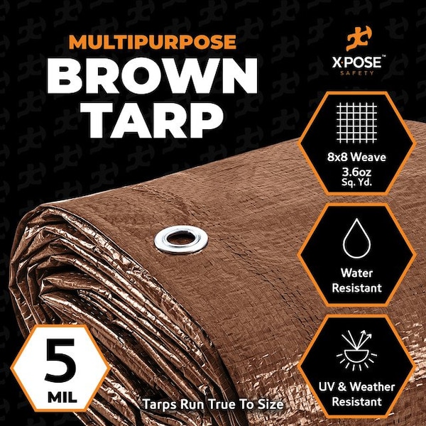 Multipurpose Protective Cover Brown Poly Tarp 6' X 8' - Durable, Water Resistant- 5 Mil